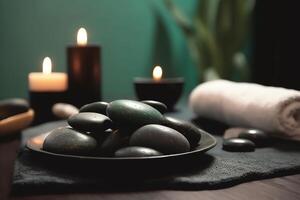 spa escena con masaje piedras toalla y velas promoviendo salud ai generado foto