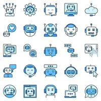 Chatbot blue icons set. AI Cute Chatbots Robots signs collection vector