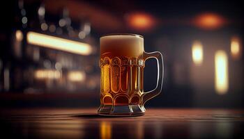 Glass mug of beer with foam in a bar, pub, brewery. Lager drink, pint, alcohol close-up. photo