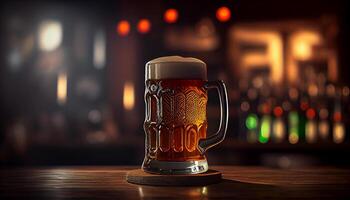 Glass mug of beer with foam in a bar, pub, brewery. Lager drink, pint, alcohol close-up. photo