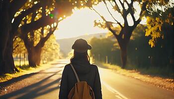 Asian tourist girl with a backpack stands alone on the road. Travel, trip adventure, tourism, freedom concept.. photo