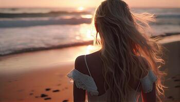 hermosa rubia mujer con largo pelo en un vestir solo a puesta de sol en el playa. mar, océano, verano día festivo, playa vacaciones. generativo ai foto