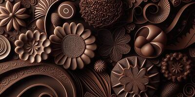 Close-up of delicious dark chocolates drops, cookie and dessert. Flat lay pattern on a brown background. Top view. photo