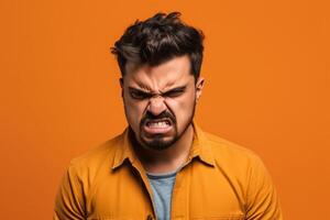 a man on solid color background photoshoot with Anger face experession photo