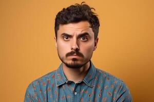 a man on solid color background photoshoot with Disgust face experession photo