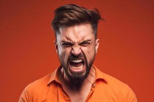 a man on solid color background photoshoot with Anger face experession photo