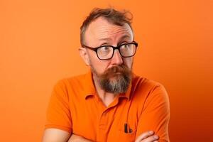 a man on solid color background photoshoot with Disgust face experession photo