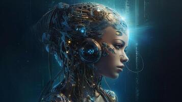 Cyborg on digital background represent artificial intelligence. photo