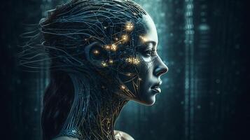 Cyborg on digital background represent artificial intelligence. photo