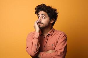 a Young man thinking an idea while looking up photo