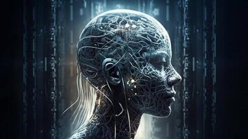 Cyborg with glowing brain. Artificial intelligence concept. photo