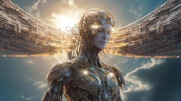 Cyborg with glowing brain. Artificial intelligence concept. photo