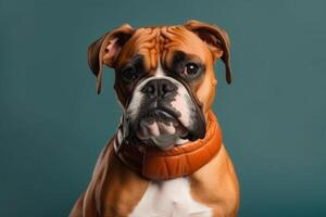 Portrait of a cute dog with orange collar on solid background photo