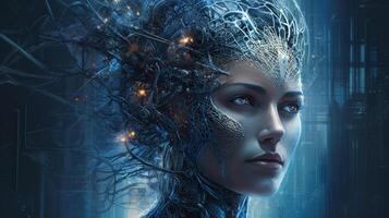 Cyborg with glowing brain. Artificial intelligence concept. photo