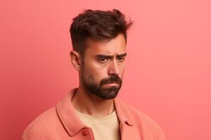 ai generativo un hombre en sólido color antecedentes con abadejo cara expresión foto