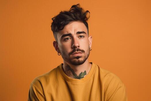 a man on solid color background with Pout face expression photo