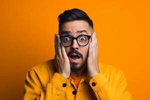 a man on solid color background photoshoot with Fear face expression photo