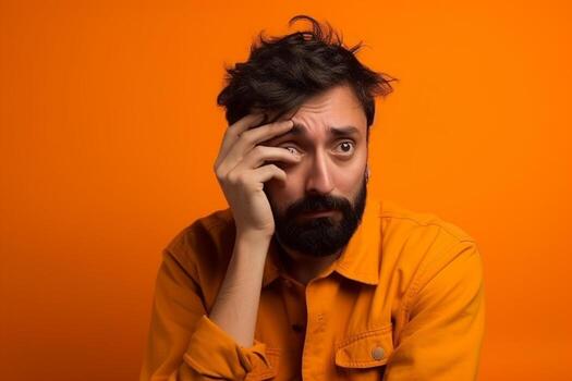 ai generativo un hombre en sólido color antecedentes Sesión de fotos con temor cara expresión