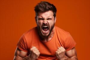 a man on solid color background photoshoot with Anger face experession photo