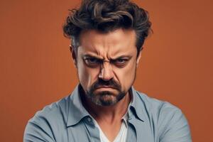 a man on solid color background photoshoot with Anger face experession photo