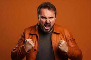 a man on solid color background photoshoot with Anger face experession photo