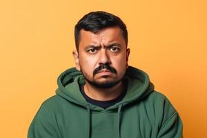 a man on solid color background photoshoot with Disgust face experession photo