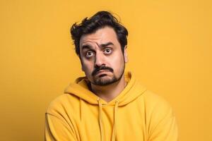 a man on solid color background photoshoot with Disgust face experession photo