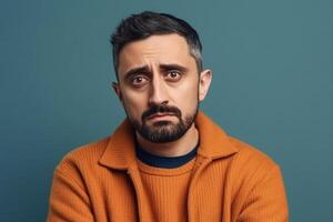 a man on solid color background photoshoot with Disgust face experession photo