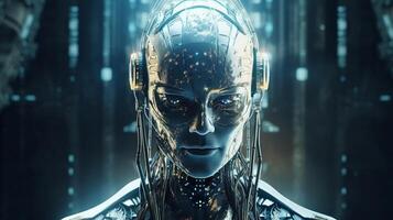 Cyborg on digital background represent artificial intelligence. photo