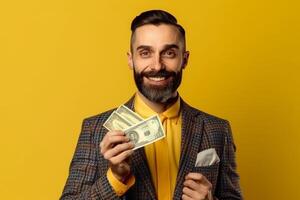 happy young businessman holding dollar banknotes and looking at camera photo