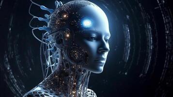 Cyborg on digital background represent artificial intelligence. photo