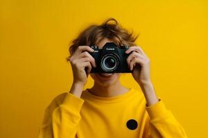 Young beautiful girl in a yellow coat and orange hat with a camera on a yellow background photo