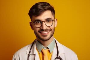 ai generativo sonriente joven masculino médico con estetoscopio en pie foto