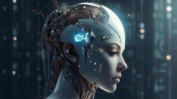 Cyborg with glowing brain. Artificial intelligence concept. photo