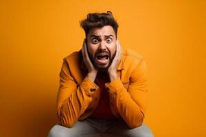 a man on solid color background photoshoot with Fear face expression photo