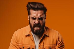 a man on solid color background photoshoot with Anger face experession photo