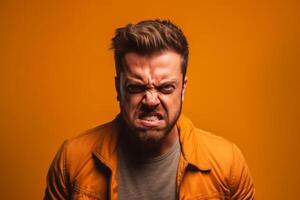 a man on solid color background photoshoot with Anger face experession photo