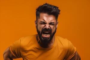 a man on solid color background photoshoot with Anger face experession photo