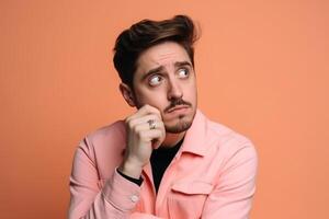 a man on solid color background photoshoot with Disgust face experession photo
