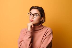 a Young woman thinking an idea while looking up photo