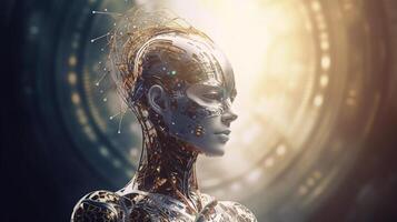 Cyborg with glowing brain. Artificial intelligence concept. photo