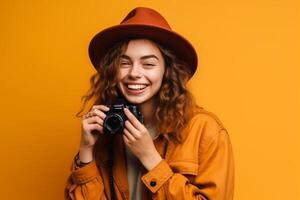 Young beautiful girl in a yellow coat and orange hat with a camera on a yellow background photo