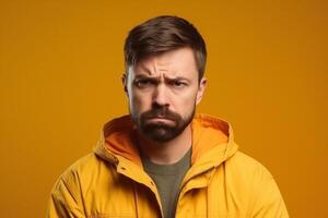 a man on solid color background photoshoot with Disgust face experession photo