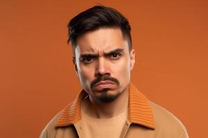 a man on solid color background photoshoot with Disgust face experession photo