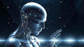 Cyborg on digital background represent artificial intelligence. photo