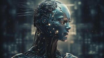 Cyborg on digital background represent artificial intelligence. photo
