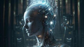 Cyborg with glowing brain. Artificial intelligence concept. photo