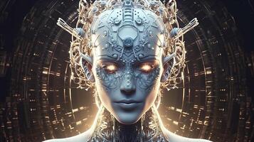 Cyborg on digital background represent artificial intelligence. photo