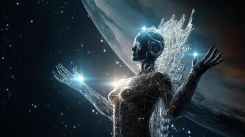 Cyborg on digital background represent artificial intelligence. photo