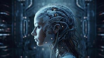 Cyborg with glowing brain. Artificial intelligence concept. photo